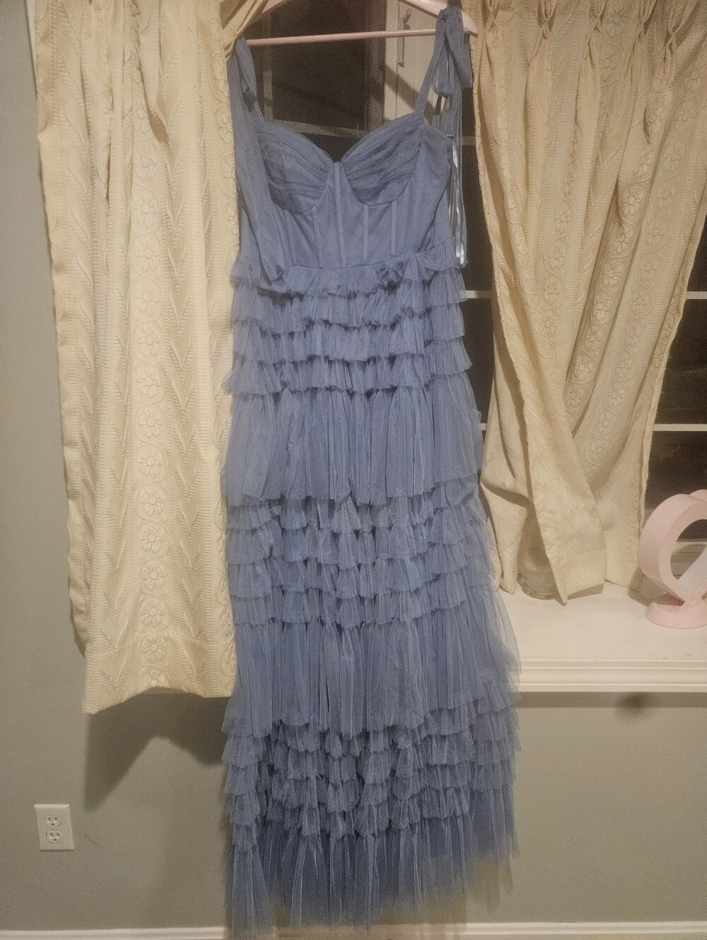Blue Ruffled Tulle Midi Dress with Tie Straps